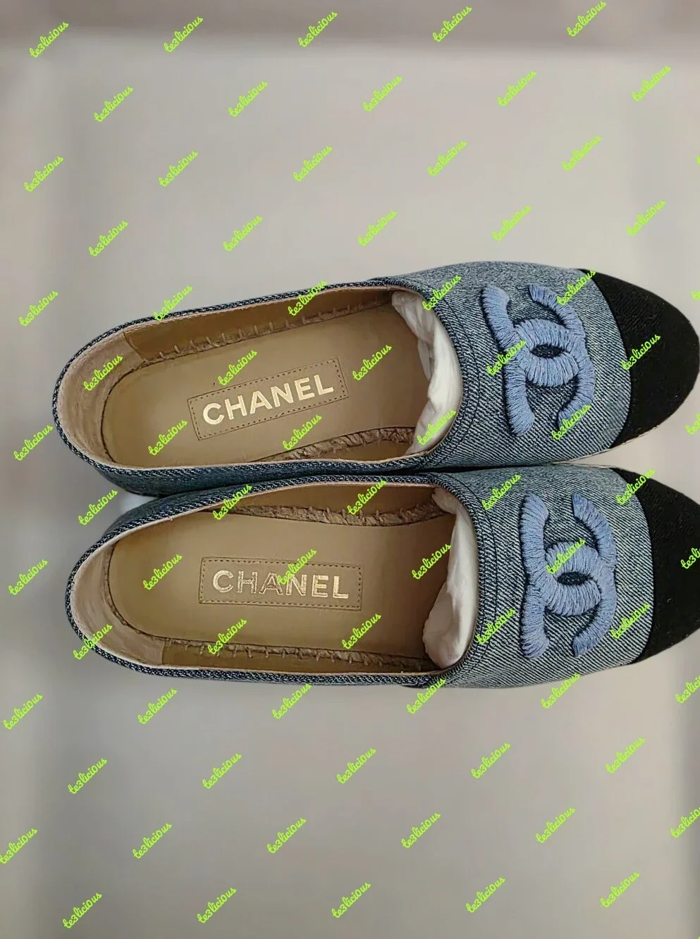 CHANEL 22B LAMBSKIN ESPADRILLES LIGHT BLUE BLACK SZ 39 *PRE-OWNED 100% AUTHENTIC